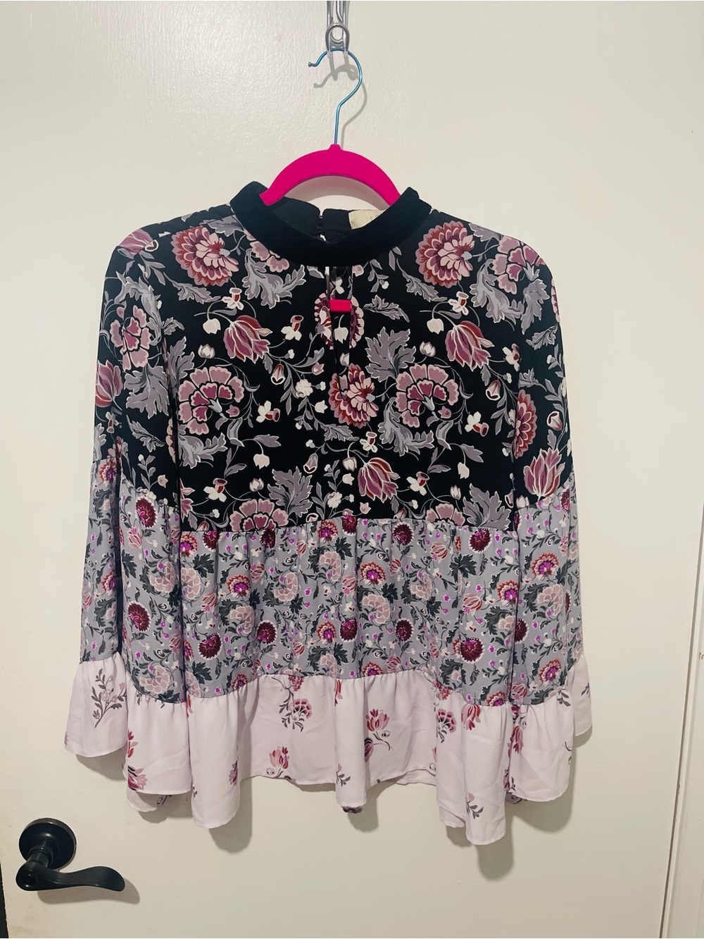LOFT Black and Dusty Pink Floral Tiered Blouse